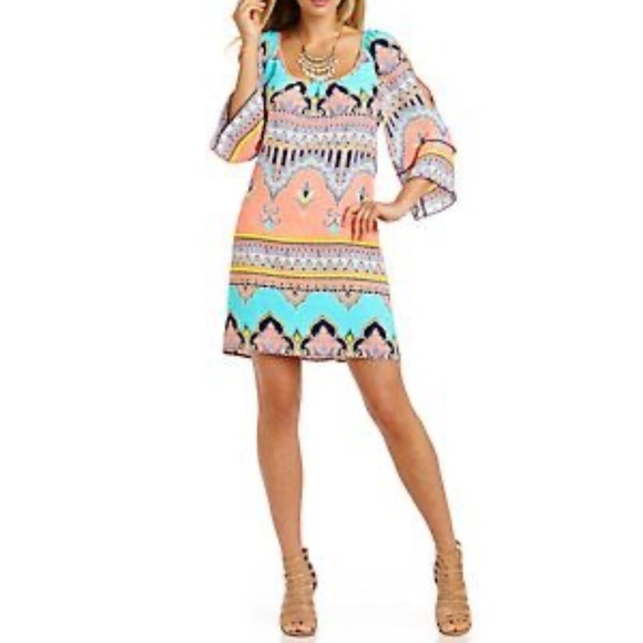 Gibson Latimer Moroccan 3/4 peep hole sleeves size L colorful dress - Picture 1 of 10